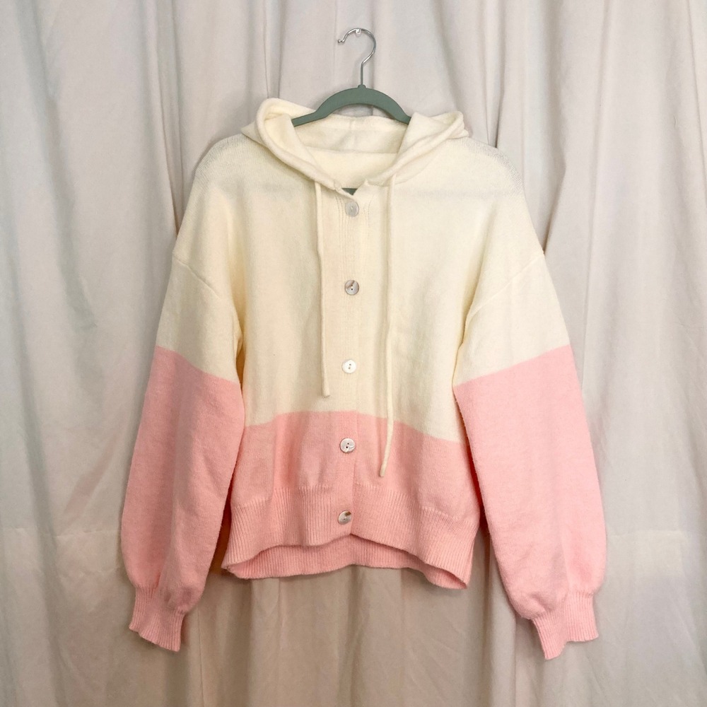 White Pink Colorblock Hooded Knit Button Up Cardigan Pastel Cozy Coquette